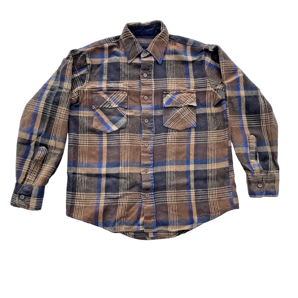 Vintage Flannel Shirt Mens Medium David Harrison Plaid BROWN BLUE Buffalo 1970's